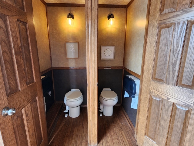 Interior gray portable restroom rental