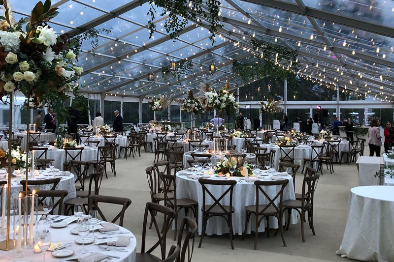 clear top wedding tent with twinkle lights