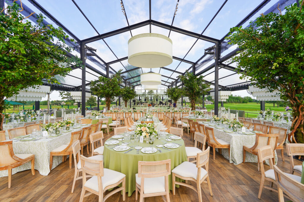 beautiful 15M x 35M atrium wedding tent rental designed for luxury outdoor events. Featuring clear panels, high ceilings, and a spacious layout—perfect for elegant tented weddings and upscale receptions.